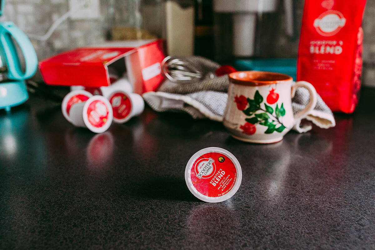 Scooter's Blend single serve cups sitting on a table