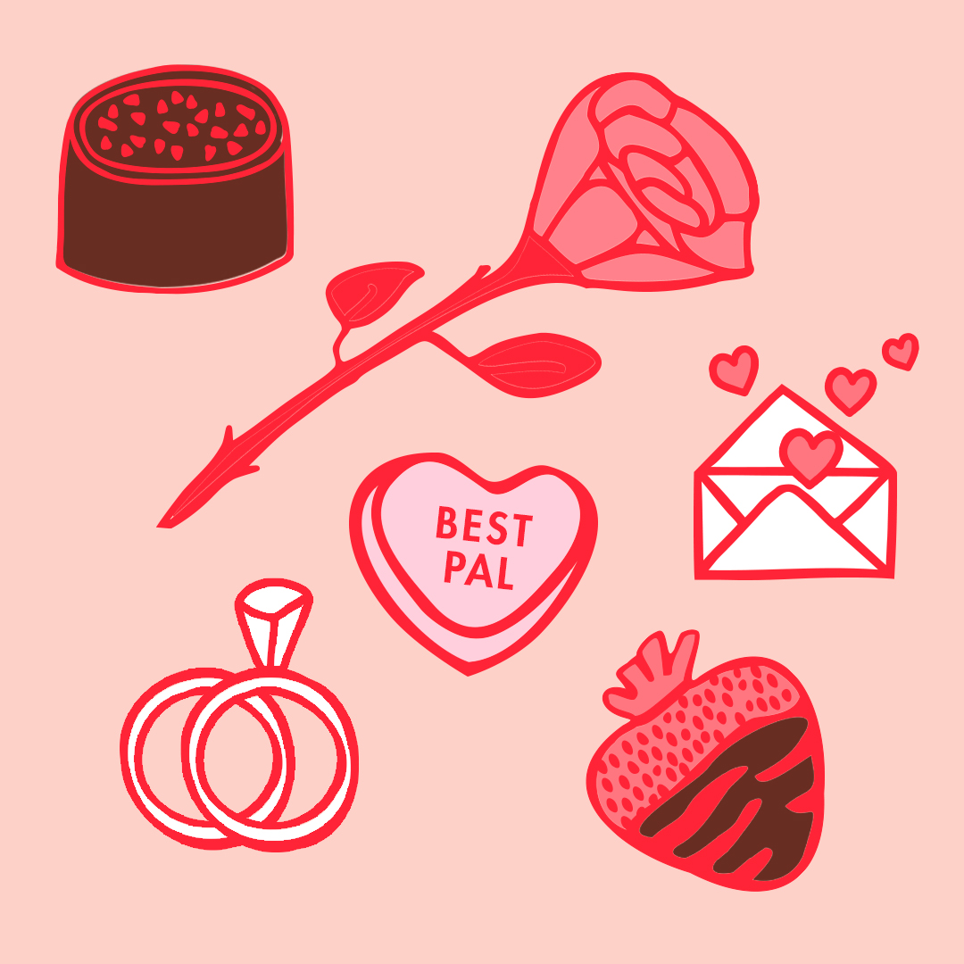 Animated items including chocolate, rose, card, candy, rings, and strawberry