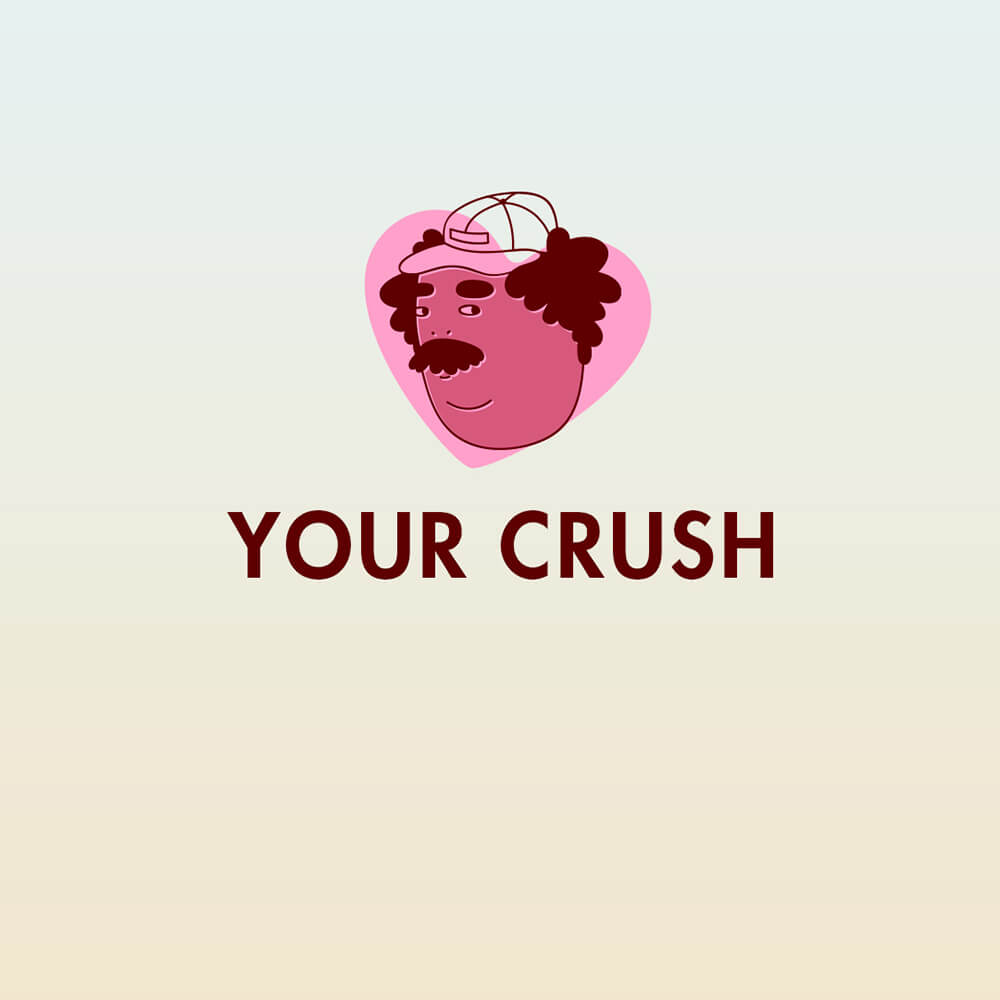 Icon of man in hat on a pink heart with the words Your Crush