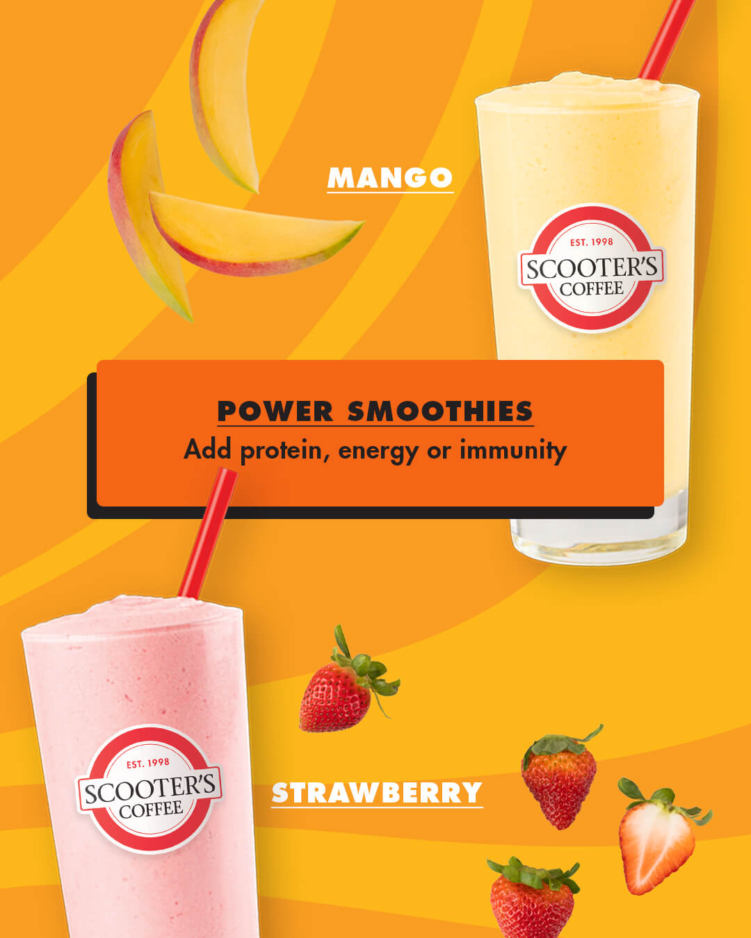 Strawberry and Mango smoothie on yellow background