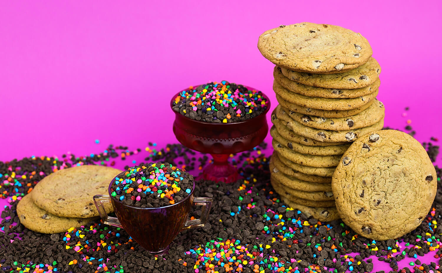 Chocolate chip cookies on pink background